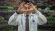 © Krakenimages.com - Young hispanic male doctor in uniform with stethoscope making heart-shape with hands outdoors in park setting, showcasing kindness and professionalism.
