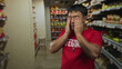 © Krakenimages.com - Young chinese man rubbing eyes while holding whistle in supermarket aisle amid stocked shelves; exhaustion.