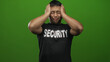 © Krakenimages.com - Young chinese man in security guard shirt holds hands to face with closed eyes in studio against green background; stress.