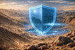 © Bartek - Digital border defense holographic shield over rugged desert mountains symbolizing counter-terrorism success hybrid warfare evolution and geopolitical stabilization strategy for regional security