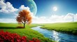 © Raju - Beautiful landscape with tree river and flowers in green field under blue sky with moon and planet