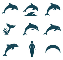  Dolphin silhouettes in various swimming poses and a human figure on white background
