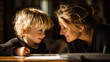 © Lumi Stock Studio - happy little boy drawing and showing artwork to mother at home, beautiful bonding moment between mother and son with warm sunset light, proud child painting with mother in cozy indoor setting