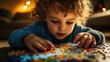 © suryanto - Toddler focused on a puzzle, laying on floor, concentrating on fitting pieces.