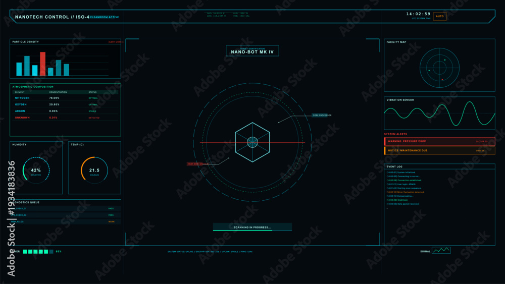A futuristic digital interface for nanotech control displays various ...