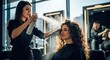 © RONNY - Stylist sprays hair product on client with curly hairstyle