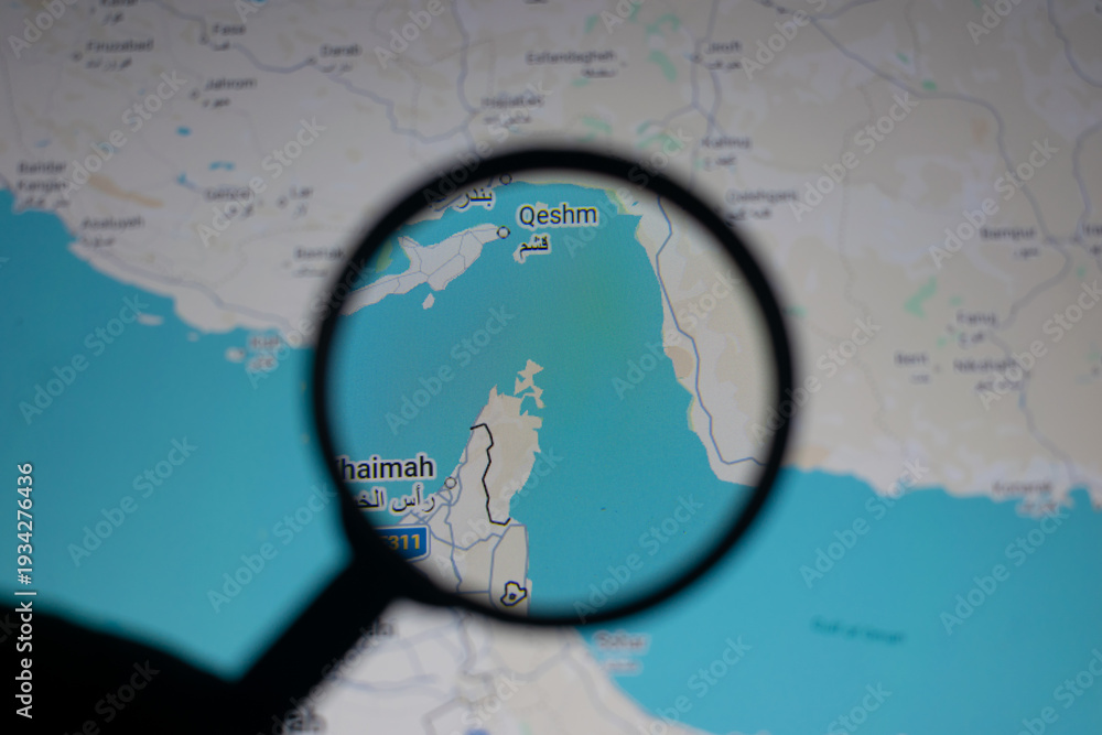 Close up of map showing Strait of Hormuz and Persian Gulf region under ...
