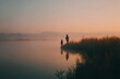 © Mars - Silhouettes of father and child fishing by a calm lake at sunrise, surrounded by soft mist and warm dawn light, symbolizing bonding and peaceful moments.