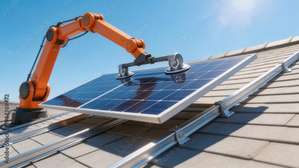 Foto de Stock Robot arm installing solar panel on a tiled roof ...