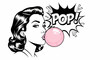 © gino - Retro pop art woman blowing a pink bubble gum bubble with POP text