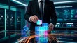 © Homestock Studio - Businessman assembling glowing digital cubes on smart table representing data integration and enterprise cloud ecosystem management for technology innovation