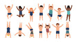 © Ovi - Set of happy children in colorful swimwear playing, jumping, and doing handstands during a fun day at the pool or beach.