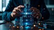 © D' Architect - Businessman hand build Digital Future Foundation:  Data Blocks or Data cubes symbolizing connection, strategy, solution, blockchain, data digital, AI data Computing for future technology
