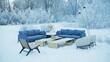 © Victor zastol'skiy - Modern furniture set with blue sofas and wooden tables arranged outdoors in a snowy winter forest