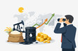 © NurunNahar - Businessman with binoculars looking at global commodity market trends including crude oil barrel, gold bars, and rice sack with rising growth charts and world map background for investment vision