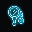 © ylivdesign - Blue neon icon of a hand mirror with a keychain hanging, isolated on a black background, ideal for beauty, fashion and accessory concepts
