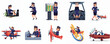© Haimura - Cartoon Various Activity of Female Pilot Character with Airplane Illustration