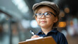 © Laura - Young child wearing glasses and a cap holding a clipboard and pen, pretending to do business research with a thoughtful upward gaze, defocused background, future career concept,