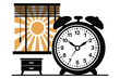 © Mastar art - Alarm clock on nightstand next to window with sun rays shining through blinds in morning illustration