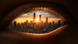 © Panupan - City skyline reflected in human eye, sunset light creates surreal, emotional atmosphere, symbolizing vision, hope, and urban dreams in high detail