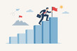 © JannatulFerdaus - Business success and career growth concept with businessman climbing bar chart stairs to reach the top holding a red flag. Illustration of achievement, ambition, progress, and goal attainment.