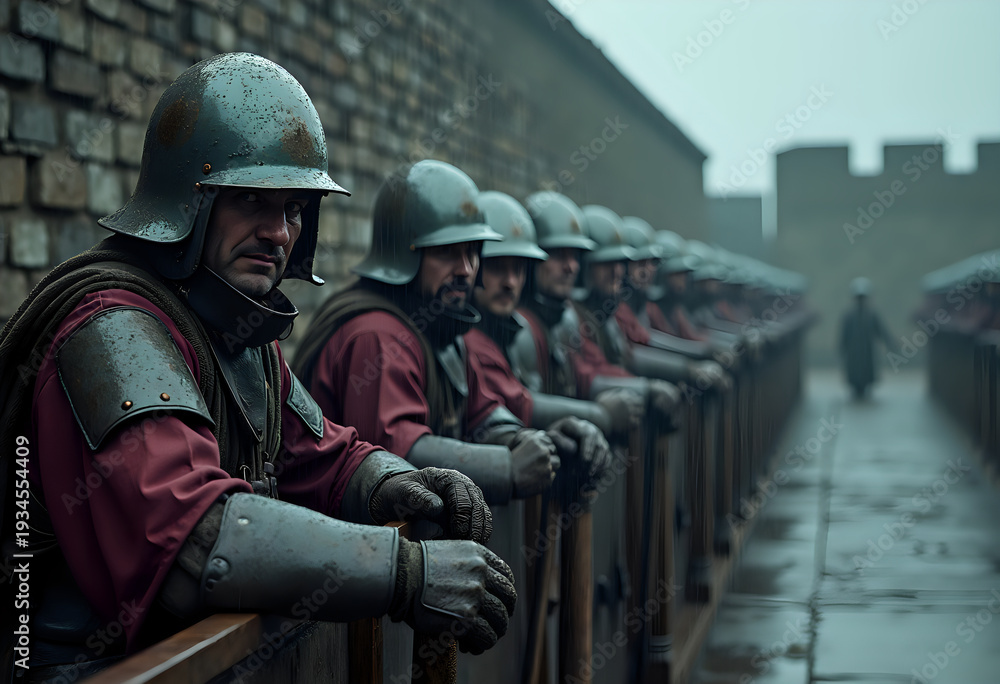 Men in armor stand close to stone walls at a Roman fort. They are focused and alert, preparing for a drill. The sky is gray, and the ground is wet from rain. The atmosphere is serious.