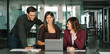 © Stock 4 You - Group of business people partners having conversation discussion using laptop sitting in office desk. Woman manager showing finance project online, doing training to colleagues. Web banner, copy space