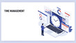 © Imran - Isometric concept of time management featuring a man standing next to a laptop with a large clock and data charts on the screen.