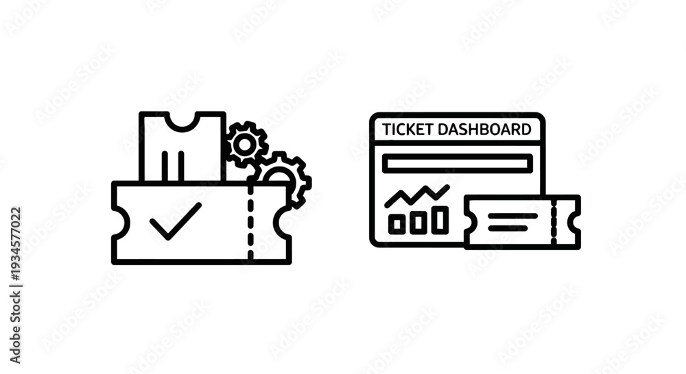 Ticket icons with gears and a ticket dashboard with charts ...