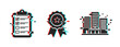 © supplement - Glitch effect icons: checklist, badge, and buildings with 3d anaglyph style