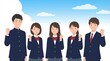 © CheeCatCreate - 青空の下で拳を突き出し未来への決意を固める制服姿の高校生男女5人のイラスト generative ai