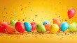 © Yevhen - Colorful balloons in various shades scattered on a bright yellow background with confetti. A festive atmosphere suitable for celebrations.