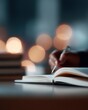 © KASUEMA SALAE - Realistic photography of a student hands taking notes in a library with soft bokeh lights, education and learning growth