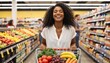 © Vasiliy - Happy Black woman shopping for fresh groceries in a supermarket. Smiling female pushing a cart full of vegetables and fruits. Healthy lifestyle and consumerism concept