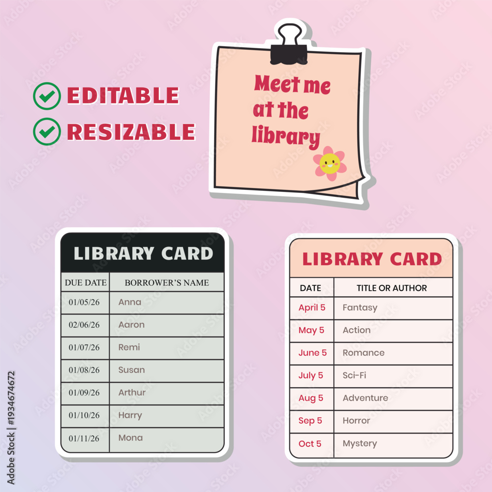 Library Card Template Vector Set, Editable Vintage Borrower Card Design ...