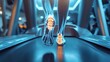 © mevideo - Digital holographic visualization of human foot bones walking on treadmill, biomechanics, medical technology, anatomy research, fitness innovation, scientific analysis of movement health performance.