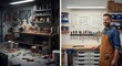 © Creative Canvas - Side-by-side composition: left side cluttered garage full of broken tools confusion; right side organized workshop with labeled shelves clear workspace confident craftsman under balanced lighting