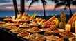 © mlangsen - Lavish buffet spread with diverse cuisines on a tropical beach at sunset