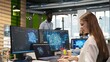 © DC Studio - Female programmer in office integrating AI machine learning systems to streamline workflows. IT worker uses neural networks artificial intelligence, technology overload concept, camera A