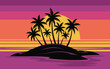 © Mr. Tasin - Tropical Island Sunset Poster, Black Palm Tree Silhouettes on Purple Water with Bold Yellow Sun Retro Design