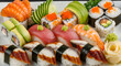 © jtwara - Assorted Japanese Sushi and Sashimi Platter with Salmon, Tuna, Eel, and Avocado