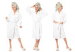 © New Africa - Happy woman in bathrobe on white background. Collage of portraits