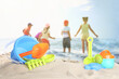 © New Africa - Beach toys on sand and children having fun in sea, selective focus