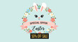 © Alom - Easter special offer sale banner with a cute bunny face inside a floral wreath on a light blue pastel background.