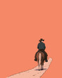 © hakule - A cowboy sits on a horse riding along a dirt path as the sun sets, casting an orange glow in the sky.