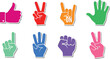 © Rumi - Vibrant Hand Gesture Sticker Icon Set Featuring Eight Colorful Signals Including Thumbs Up Peace Rock On and Finger Counts
