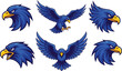 © MstSuborna - Blue eagle mascot character set with flying and head poses powerful bird emblem illustration for sports team logo and mascot design.