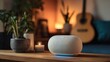© Smart Future - Grey smart speaker with blue light on a wooden table in a home interior