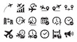 © Pro Designs - Comprehensive icon set depicting air travel logistics, flight schedules, time management, journey planning, and potential delays for transportation and business applications.