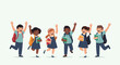 © Mst - Group of diverse and happy primary school children wearing uniforms and backpacks jump and cheer with their school books.